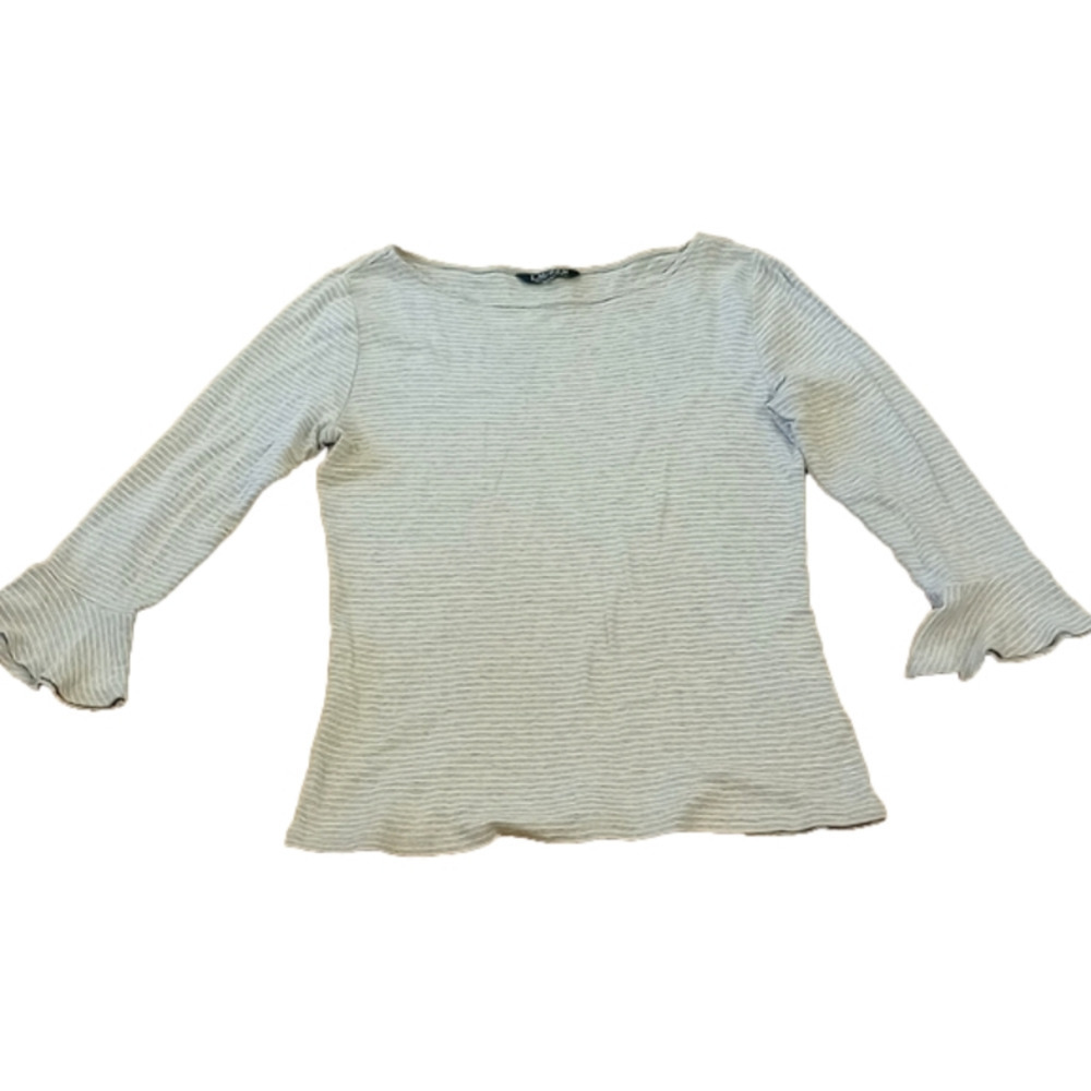 Lauren Ralph Lauren 3/4 ruffle sleeve top, size medium, grey and white stripes